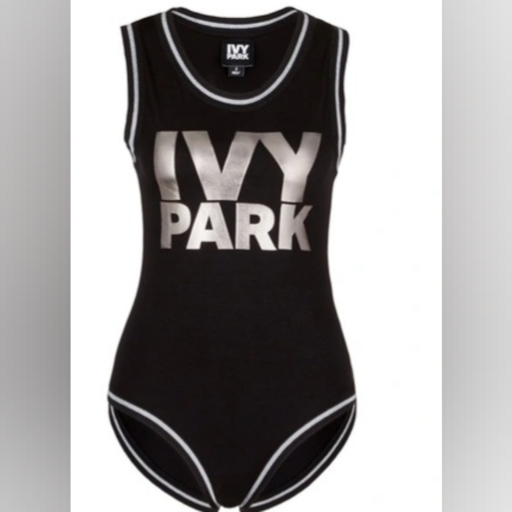 IVY PARK Black and Silver Bodysuit with Metallic Logo -   Medium (Gently Worn)